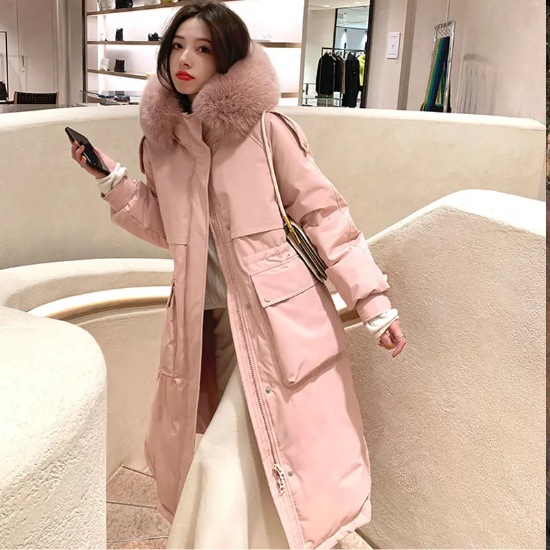 own jacket women's medium and long cotton jacket winter big wool collar hooded long knee thickened warm waist closing jacket