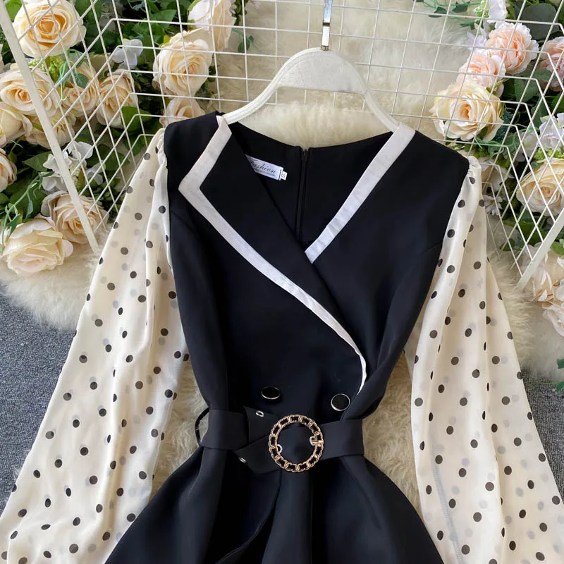 Элегантный блейзер с воротником женское осеннее платье черное Сетчатое