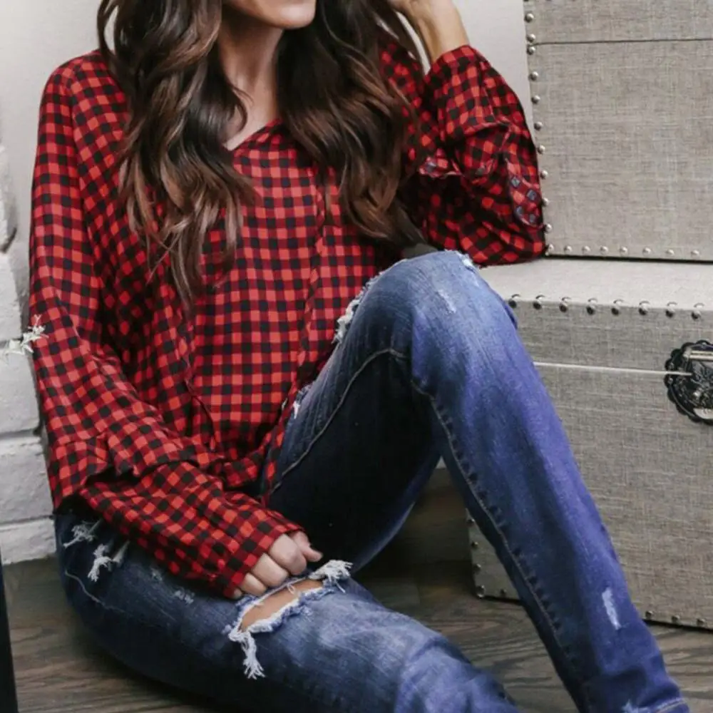 Женская рубашка модная блузка с V образным вырезом длинными рукавами клетчатый