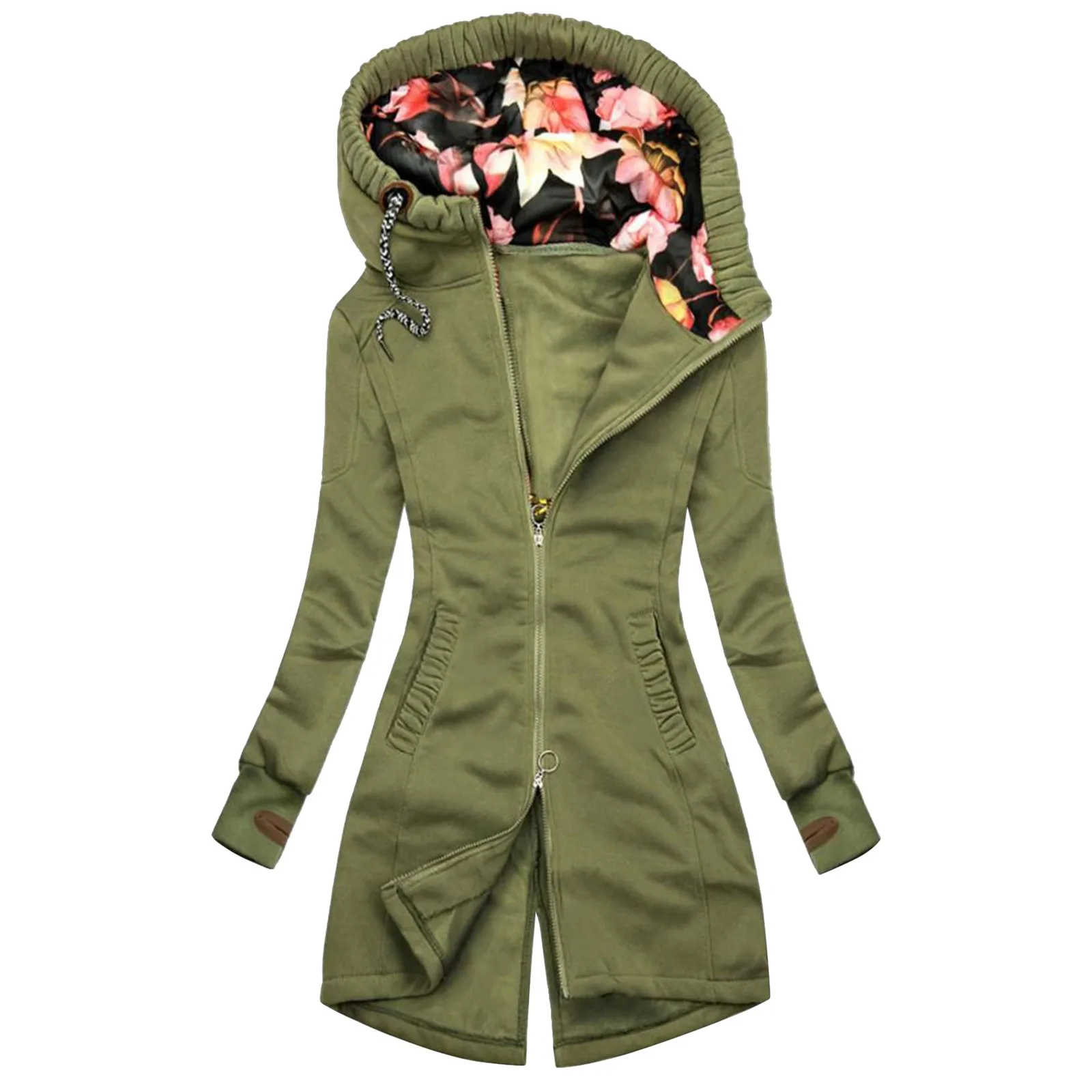 Women Fashion Floral Print Jacket Zipper Pocket Sweatshirt Long Sleeve Coat Zip Up Hoodie Sudadera Mujer Jacket Outwear Zipp