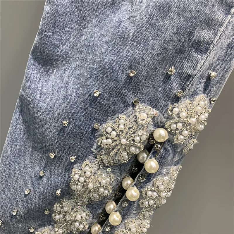 

2021 Spring Women Exquisite Rhinestone Beaded 3D Flower High Waist Jeans Ladies Stretchy Bootcut Fashion Ins Flared Denim Pants