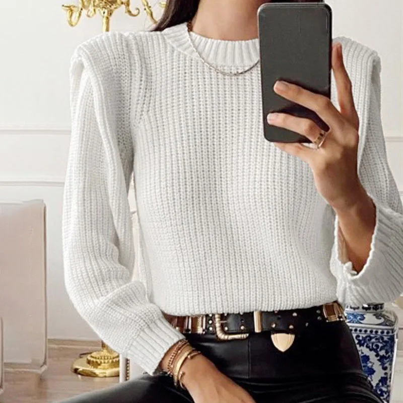 

Long Sleeve Round Neck Shoulder Pads Pure Color Slim Wool Knit Sweater Casual Pullover
