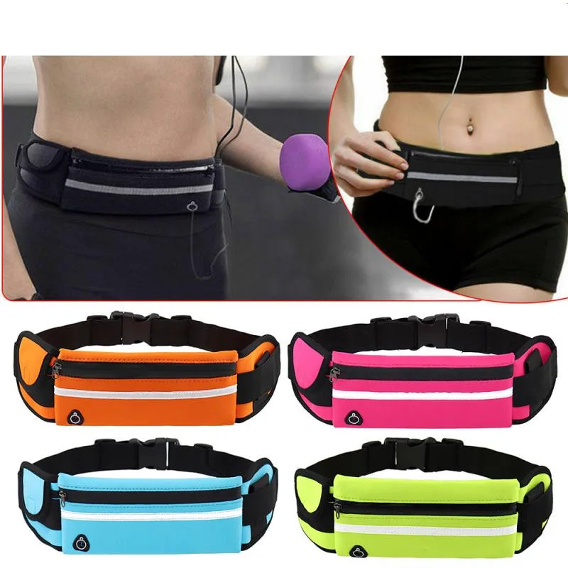 

Waterproof phone running waist bag container for jogging hiking gym fitness 3 pockets reflective strip design