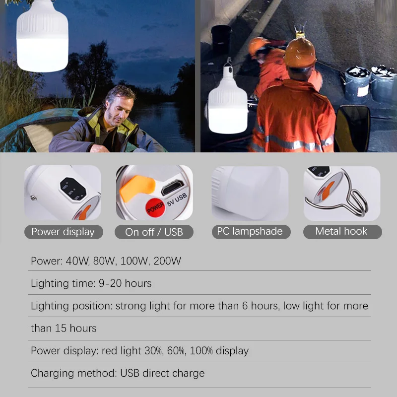 Сверхъяркая портативная светодиодная лампа 200 Вт перезаряжаемая Светодиодная с