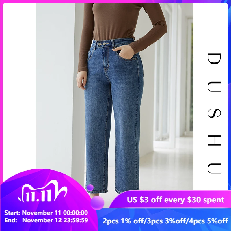 

DUSHU Big Size High Waist Blue Straight Jeans Women Autumn Winter Denim Vintage Pants Oversize Female Casual Plus Size Jeans