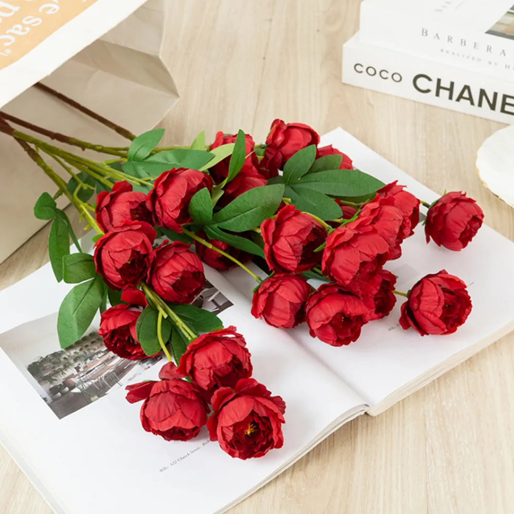 

1 Bunch of 6 Exquisite Peony Fake Flowers Rose Bud Hill Camellia Wedding DIY Home Hotel Party Decoration Long Pole Floor Flower