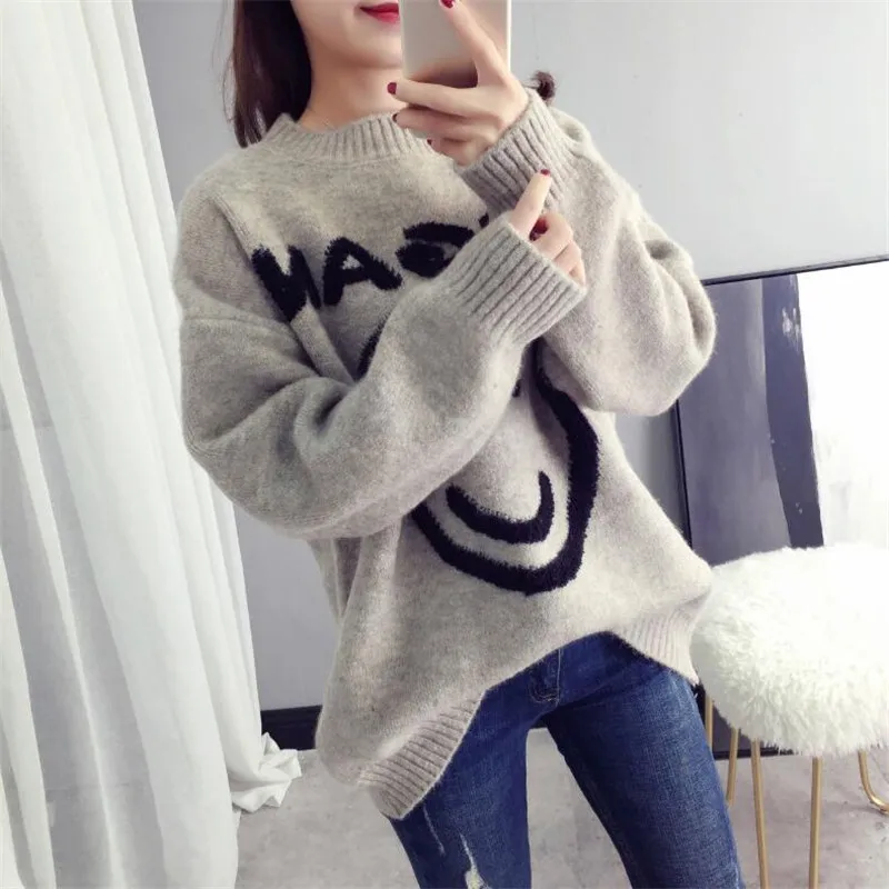 

2019 sweater female cartoon smiley pattern set of thick thick loose wild students autumn and winter new knitting
