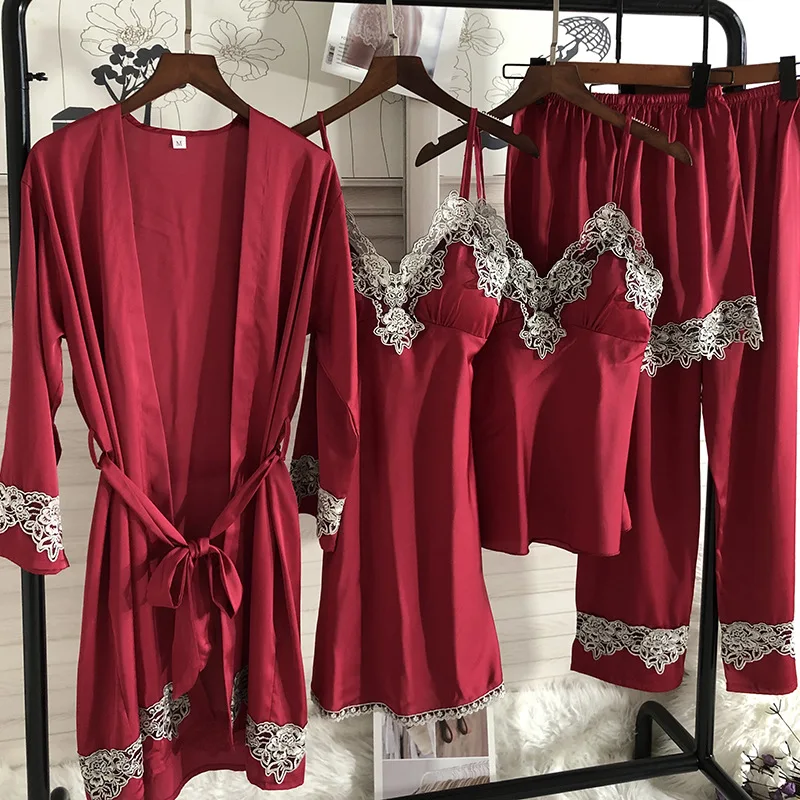 

5PC Satin Robe Sleep Suit Sexy Silk Lace Pajamas Gown Set Womens V-Neck Cami Nighties Wear Pijama Spring Home Nightwear