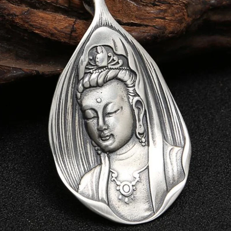 

Real 925 Sterling Silver Religious Fashion Fine Jewelry Handmade Vintage Guanyin Buddha Necklace Pendant Chain Charms (FGL)