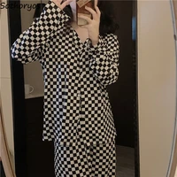 women pajama sets checkered long sleeve tops and pants loose retro temperament pyjamas student loungewear comfortable ins trendy