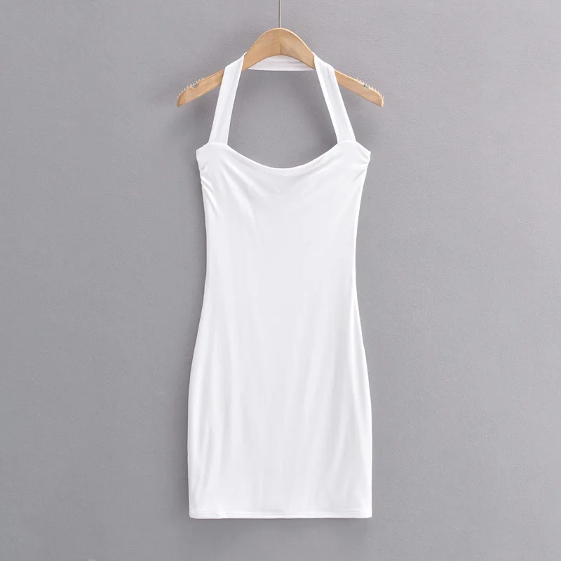 

TVVOVVIN New Women Sexy Halter Collar Sleeveless Mini Dress Summer New Solid Color Backless Skinny Short Dress Xrzk