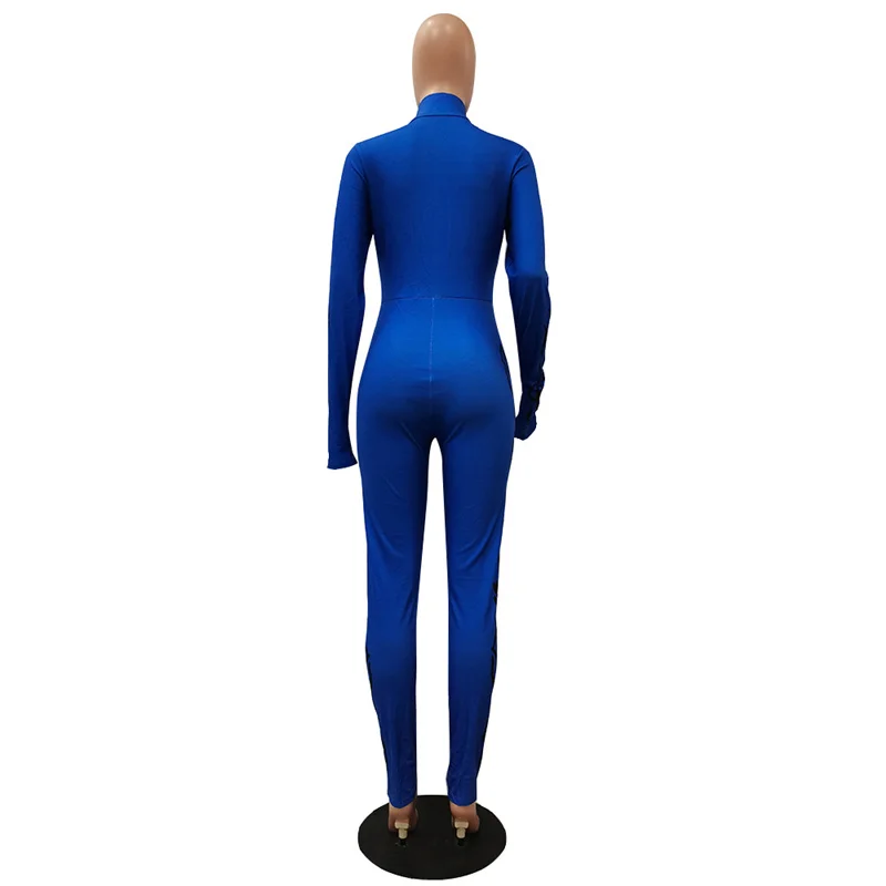 

One Piece Outfit Women Fashion Zipper Long Sleeve Pattern Mid Waist Leisure Tight Stretch Slim Jumpsuit Wholesale Dropshipping