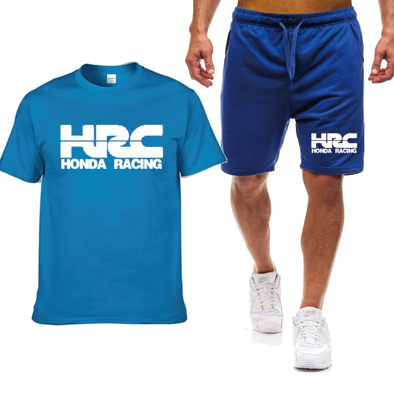 

Summer New Men's T-Shirt HRC race motorcycle Car Logo high quality Cotton casual Men's short sleeve + shorts 2-piece set