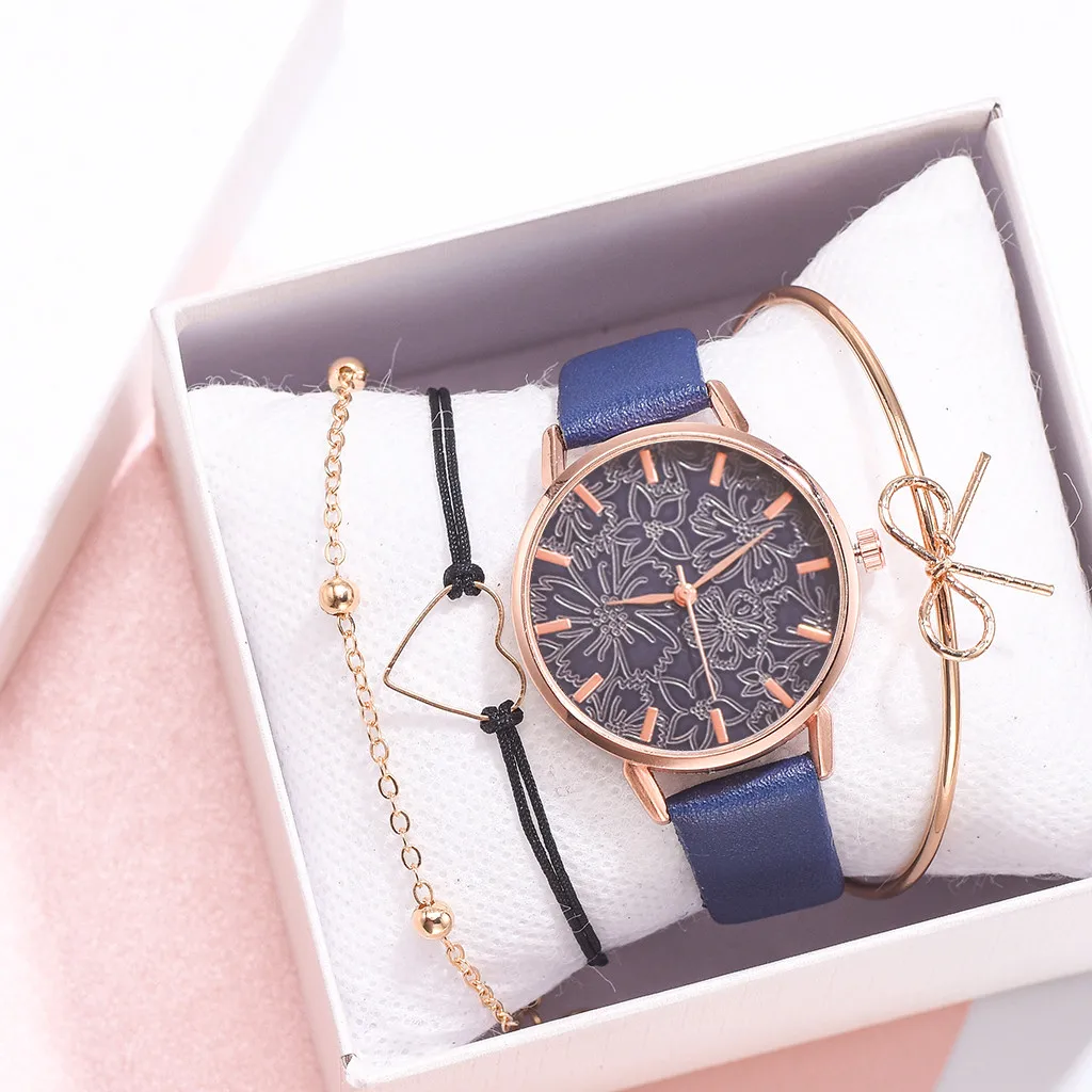 

Simple Women Watches Flower Dial Ladies Bracelet Gift Quartz Wristwatch Soild Color Leather Clock Bracelet Set Relogio Feminino*