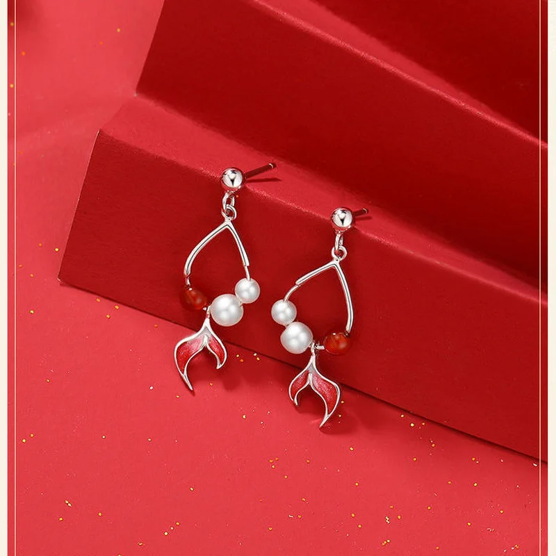 

YOUNQ Ladies Fish Red Agate Earrings 925 Sterling Silver Spring Koi Earrings Festive Silver Fashion Jewelry SCE812