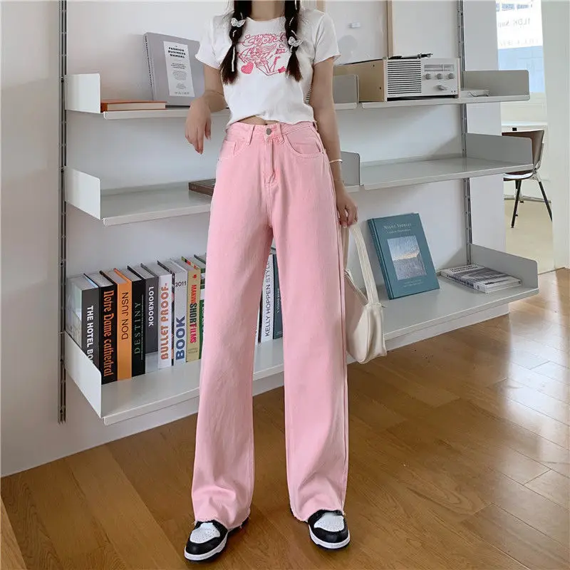 

Pink Jeans Women's Summer Thin Section 2021 New Pants High Waist Thin Wide Leg Pants Loose Straight Pants College y2k girl jeans