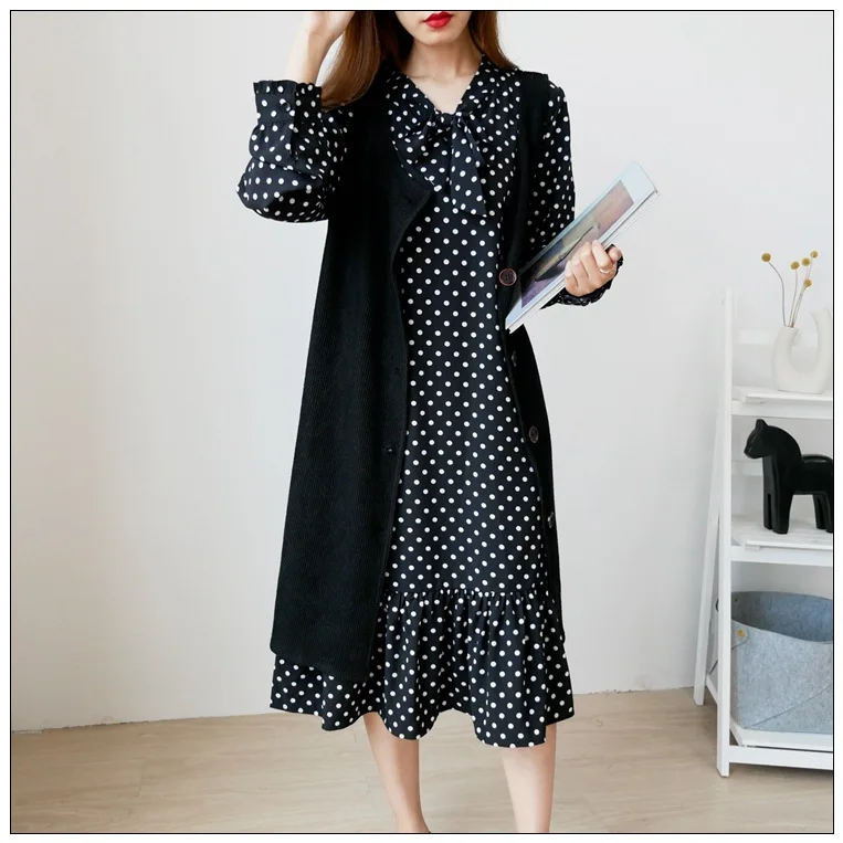 Женский костюм-двойка в горошек свободное шифоновое платье с длинным рукавом и