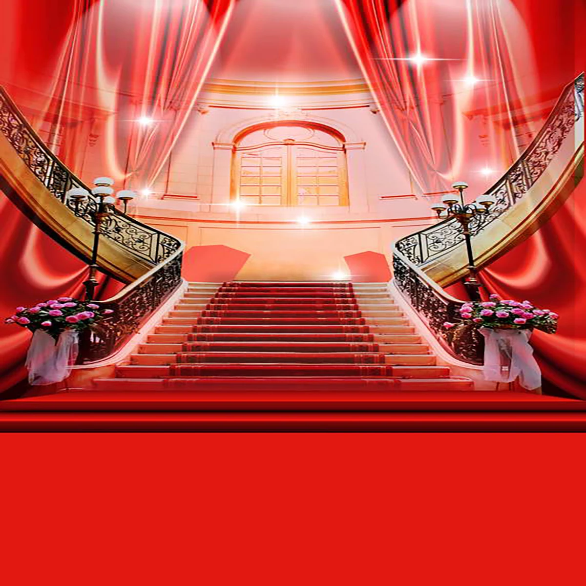 

Фон для студийной фотосъемки с изображением блестящей Красной ковровой дорожки занавеса лестницы зала свадьбы