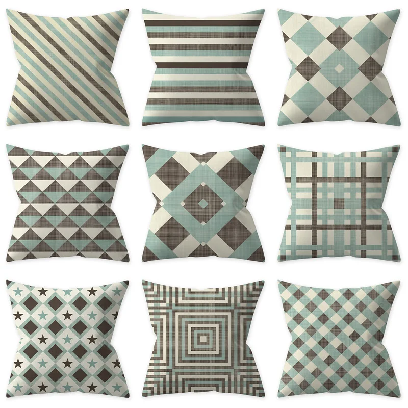 Ретро дымчато синяя серая наволочка для подушки с геометрическим рисунком из