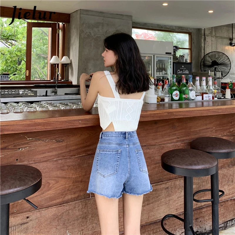 Шорты Jielur женские джинсовые с завышенной талией свободные однотонные штаны из