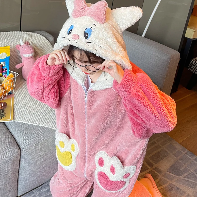 

Зимние женские пижамные комплекты, комбинезон с капюшоном, пижамные комбинезоны, Женская свободная одежда для сна для девушек, теплая фланелевая Домашняя одежда с мультяшным кроликом