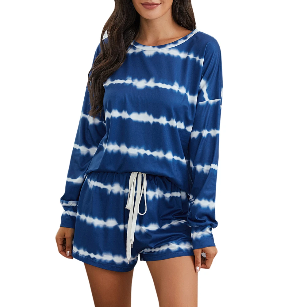 

2021 Women's Pajamas Tie Dye Long Sleeve Blue T Shirts Women's Sleepwear Casual High Quality Suits For Women All Season Soft