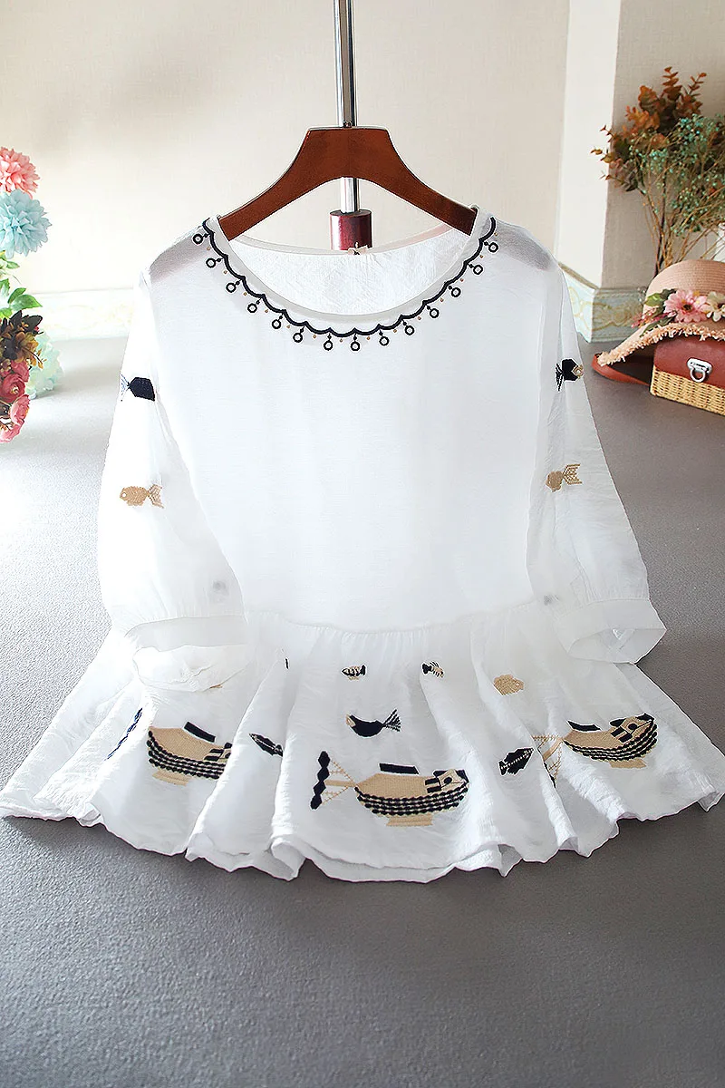 

SuperAen Summer Loose Embroidery High Waist Slim Ruffles Half-sleeve O Neck Chiffon Shirt Woman Tops