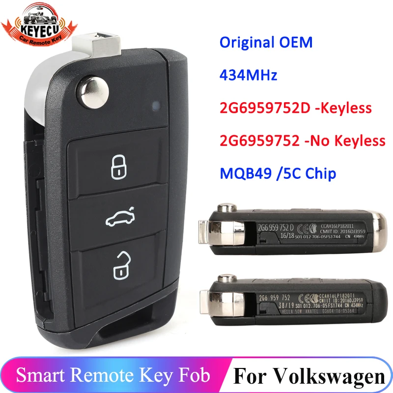 KEYECU OEM 433MHz 5C / MQB49 Chip Keyless Remote For VW T Cross Polo 2019+ Skoda Golf Seat 2G6959752 2G6959752D 3 Button Key Fob