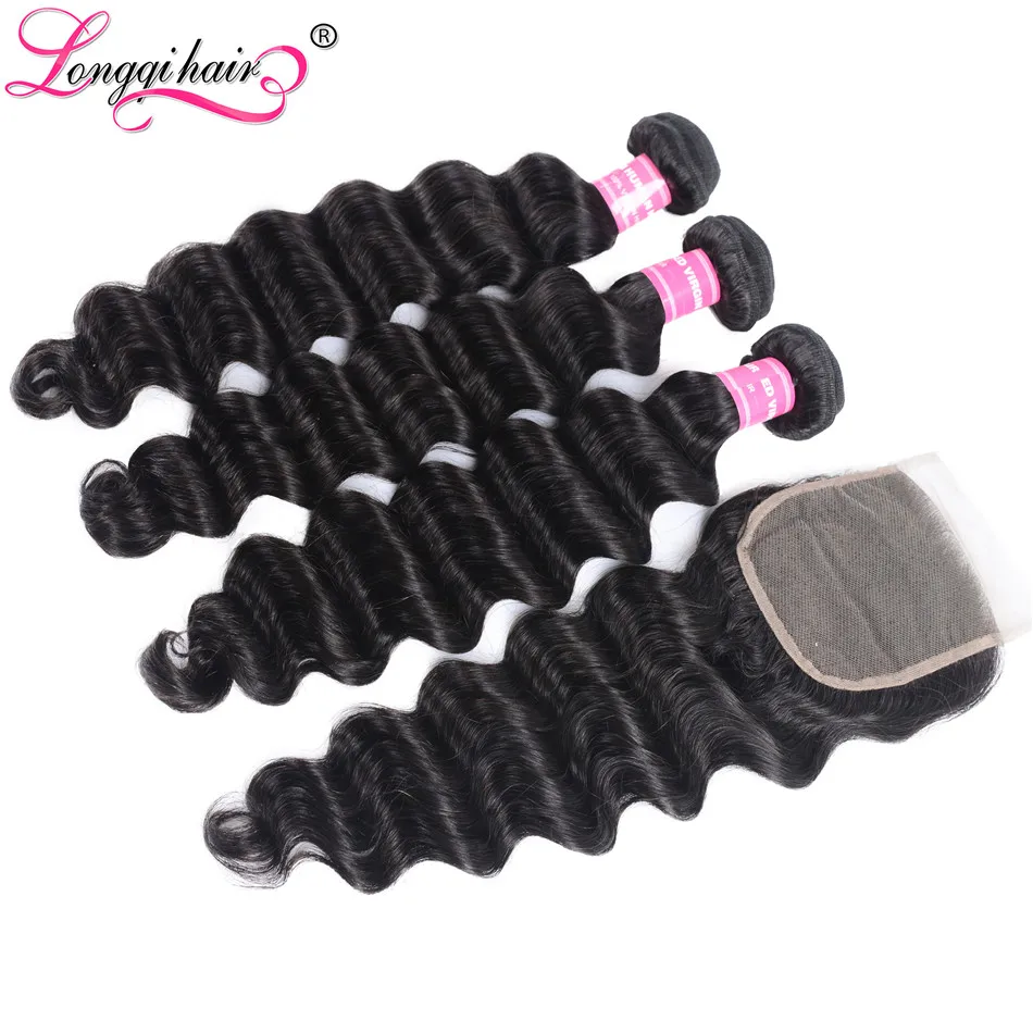Longqi бразильские свободные волнистые пряди с закрытием Remy 100% человеческие волосы