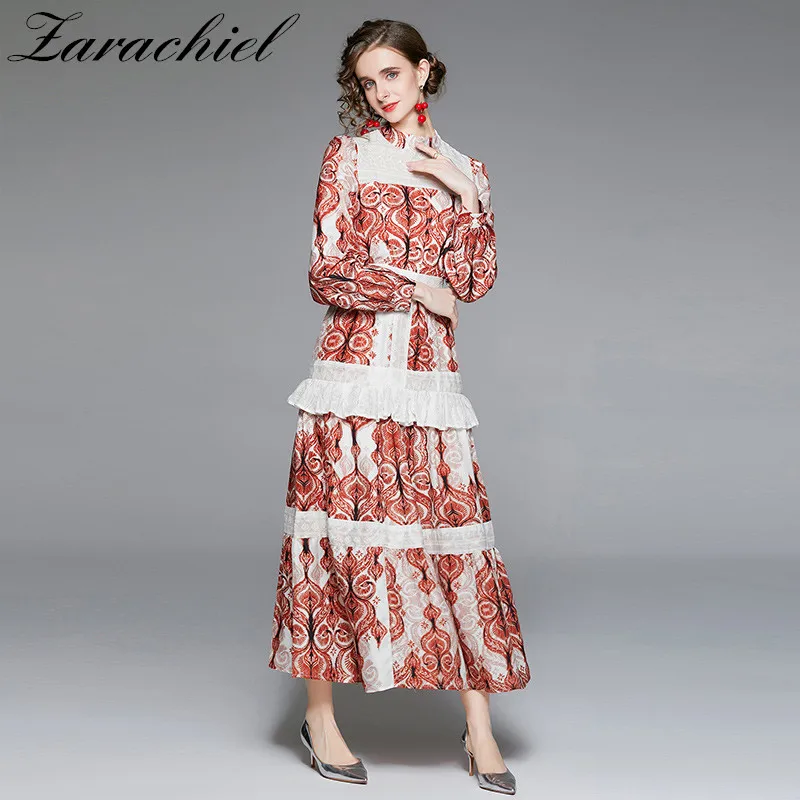 

Женское платье с цветочным принтом, элегантное многослойное платье макси с длинным рукавом, вышивкой и оборками в стиле пэчворк