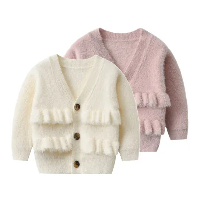 

Children's Girls Cute Sweaters 2020 Autumn Winter New Baby Girls Mink Fleece Cardigan V-neck Lace Long-sleeved Sweater Warm Coat