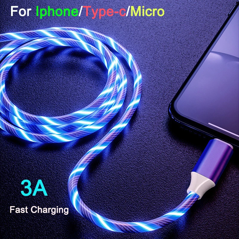 

Glowing USB Cable for IPhone 12 Pro Max 11 XS XR X 8 7 6S Luminous Micro USB Type C 3A Fast Charging Cable for Samsung Huawei