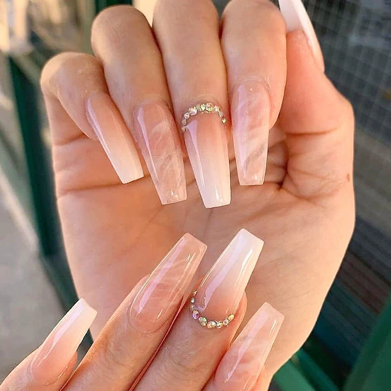 

24 pcs Fake Nails Long Ballerina Press on Nails Acrylic False Nails Rhinestone Design Full Cover False Nail Tips French Nails