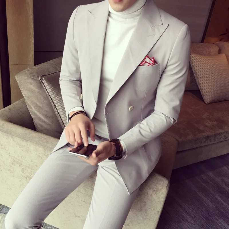 

2020 choice men's double-breasted suit two-piece suit young fashion cultivate morality men's suit