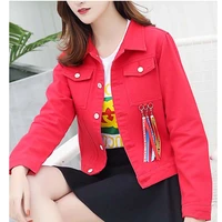 women autumn wild casual red single breasted long sleeve solid plus size tassel denim jackets coat female slim tops outerwear