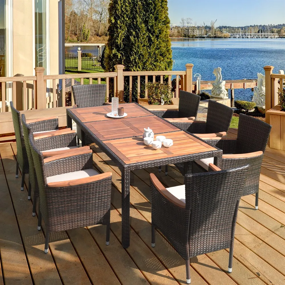 

9PCS Patio Rattan Dining Set 8 Chairs Cushioned Acacia Table Top HW66650+