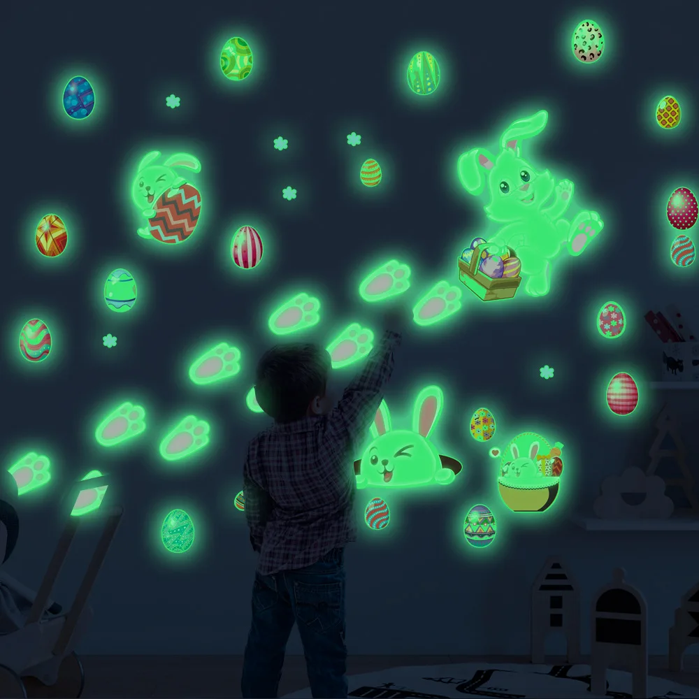 

Easter Bunny Luminuos Wall Stickers Eggs Decorative Vinyl Film Fluorescent Stickers Home Decor DIY Decal Mural Glow in the Dark