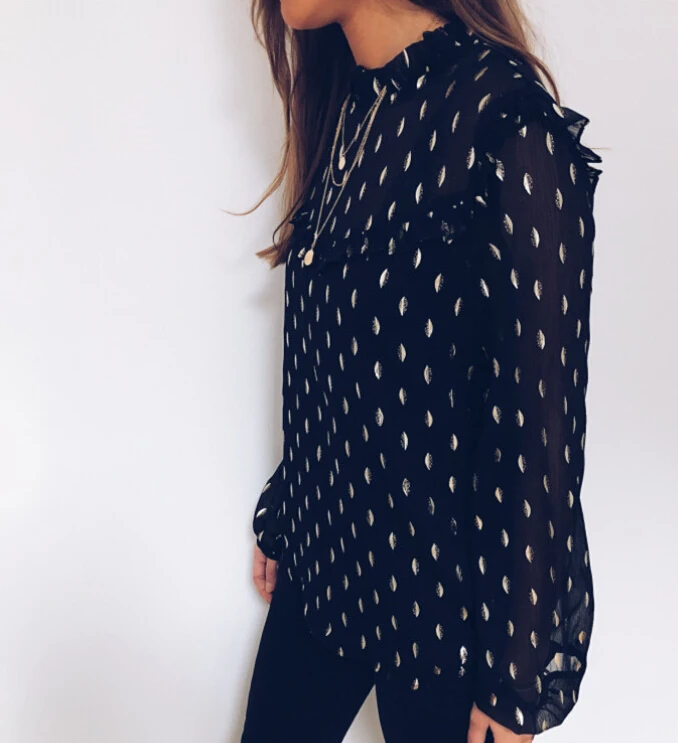 Loose Chiffon Black Blouse Women Long Sleeve Polka Dot Tops Tee Shirt Femme Ladies Transparent High Neck Kimono Shirts | Женская одежда