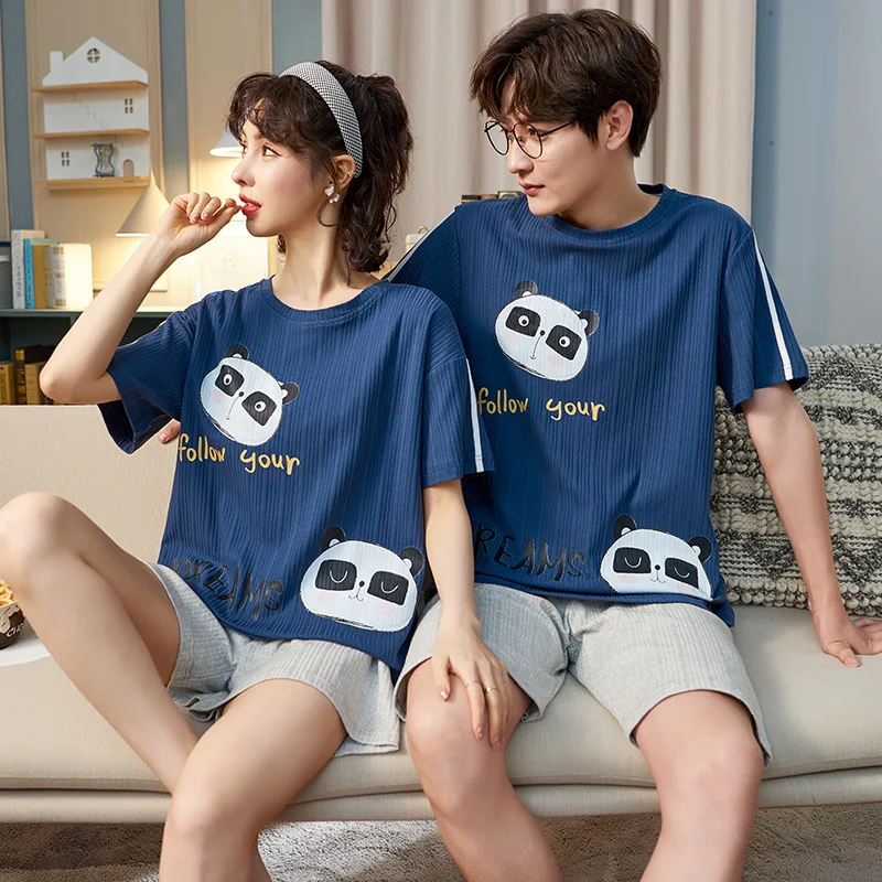 

Fashion Black Cartoon Couple Sleepwear Korean Kawaii Plaid Maiden Pajamas Sets Summer Men's Loose Short Sleeve Cotton Homewear