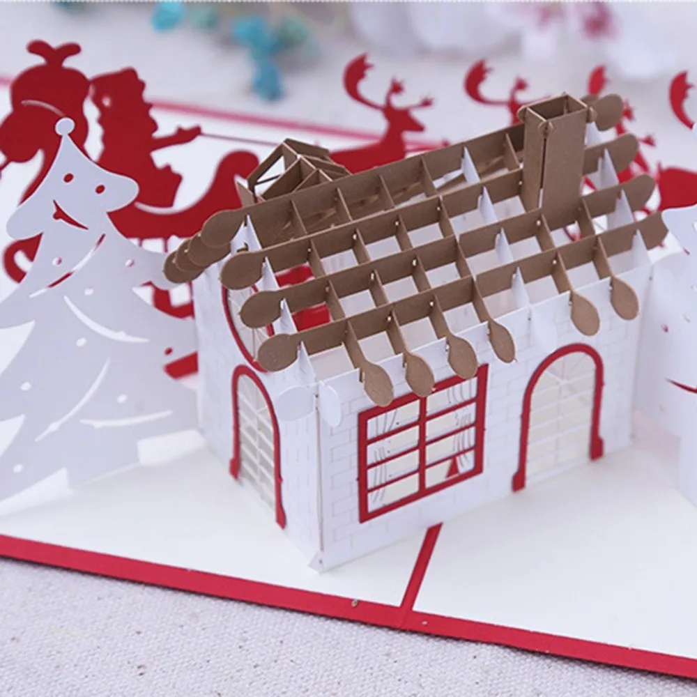 Deer And House Christmas Card Creative 3D Handmade Greeting Cards Gift For Friends/Children/Lovers |