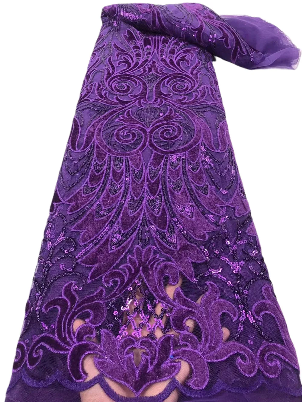 

Purple Color Latest African Sequin Lace Fabric 2021 High Quality Velvet Lace Nigerian Lace Fabric For Wedding Dress