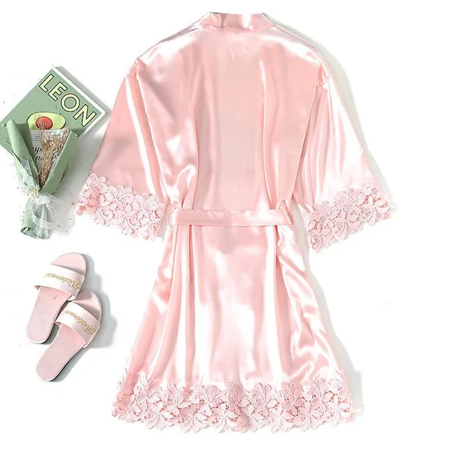 Champagne Bride Bridesmaid Wedding Robe Lace Sleepwear Home Wear Sexy Satin Bathrobe Gown Female Nightdress Intimate Lingerie