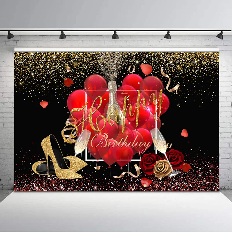 Красный воздушный шар роза цветок с днем рождения фон Золотой блеск высокий