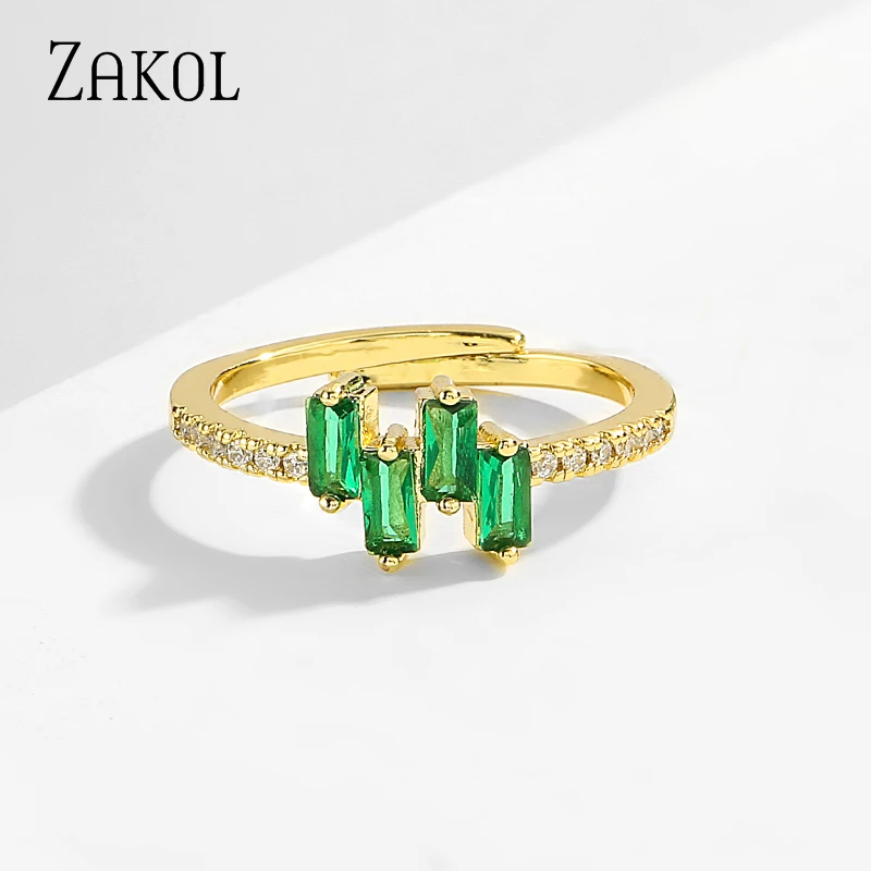 ZAKOL простой Cz золотой цвет багет зеленый фианит палец Открытое кольцо Мода