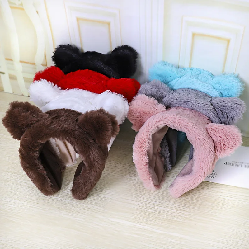 

6pcs Hot Sale Wide Plush Headband Winter Warm headwear Cute Ears Faux Fur Hairband Hair Accessories