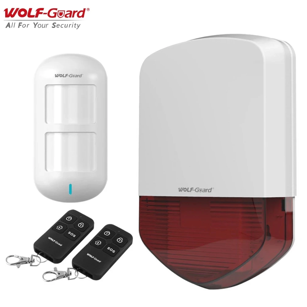 Wolf-Guard 110dB Wireless Outdoor Flashing Alarm Siren Home Security System with 1 PIR Detection Sensor 2 Remote Control