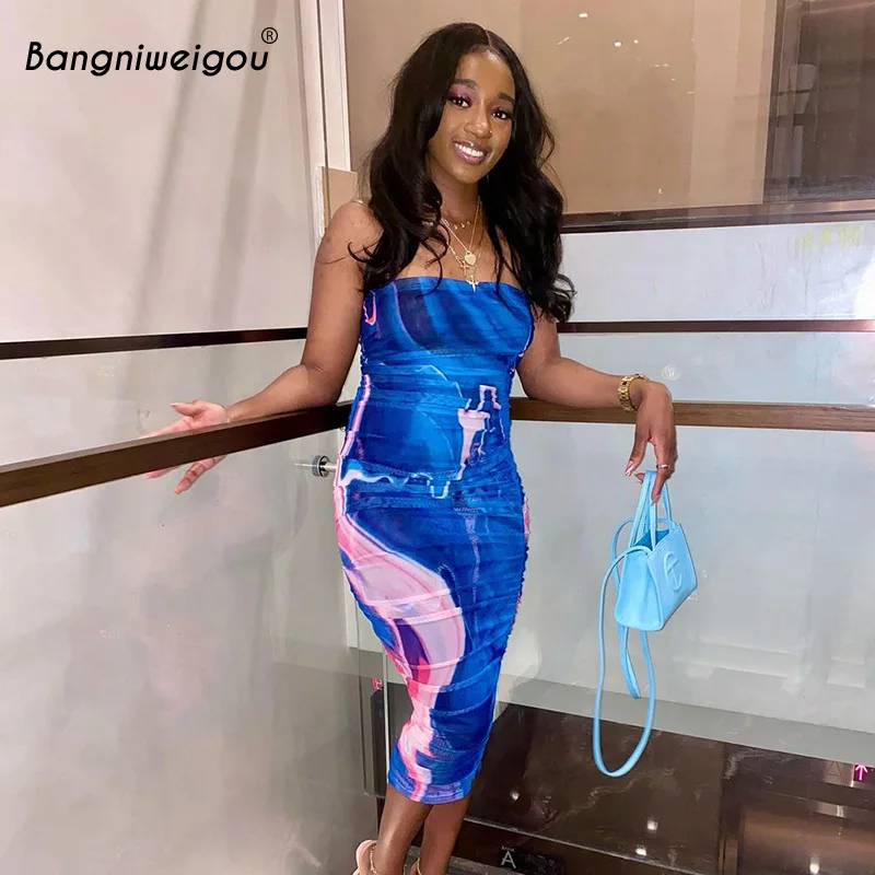 

Bangniweigou strapless tie-dye tube dress women elegant off shoulder bodycon blue print midi dresses party casual robe