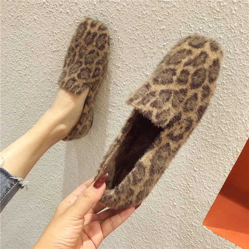 

sexy leopard fur flats women square toe mules mixed color winter flat shoes woman slip on loafers cozy plush moccasins 550