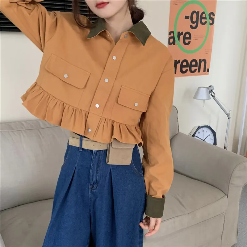 

Alien Kitty 2021 Spring Version Women Retro Ginger Short Coat Casual Outwear Tops Ruffled Lapel Female Simplicity Tooling Style