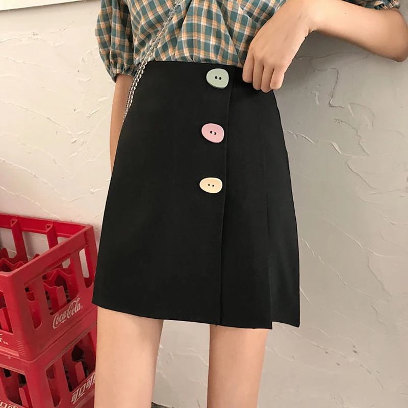 Женская юбка с высокой талией повседневная черная мини-юбка на пуговицах в